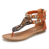 T-Strap Zip Ethnic Metal Decoration  sandals